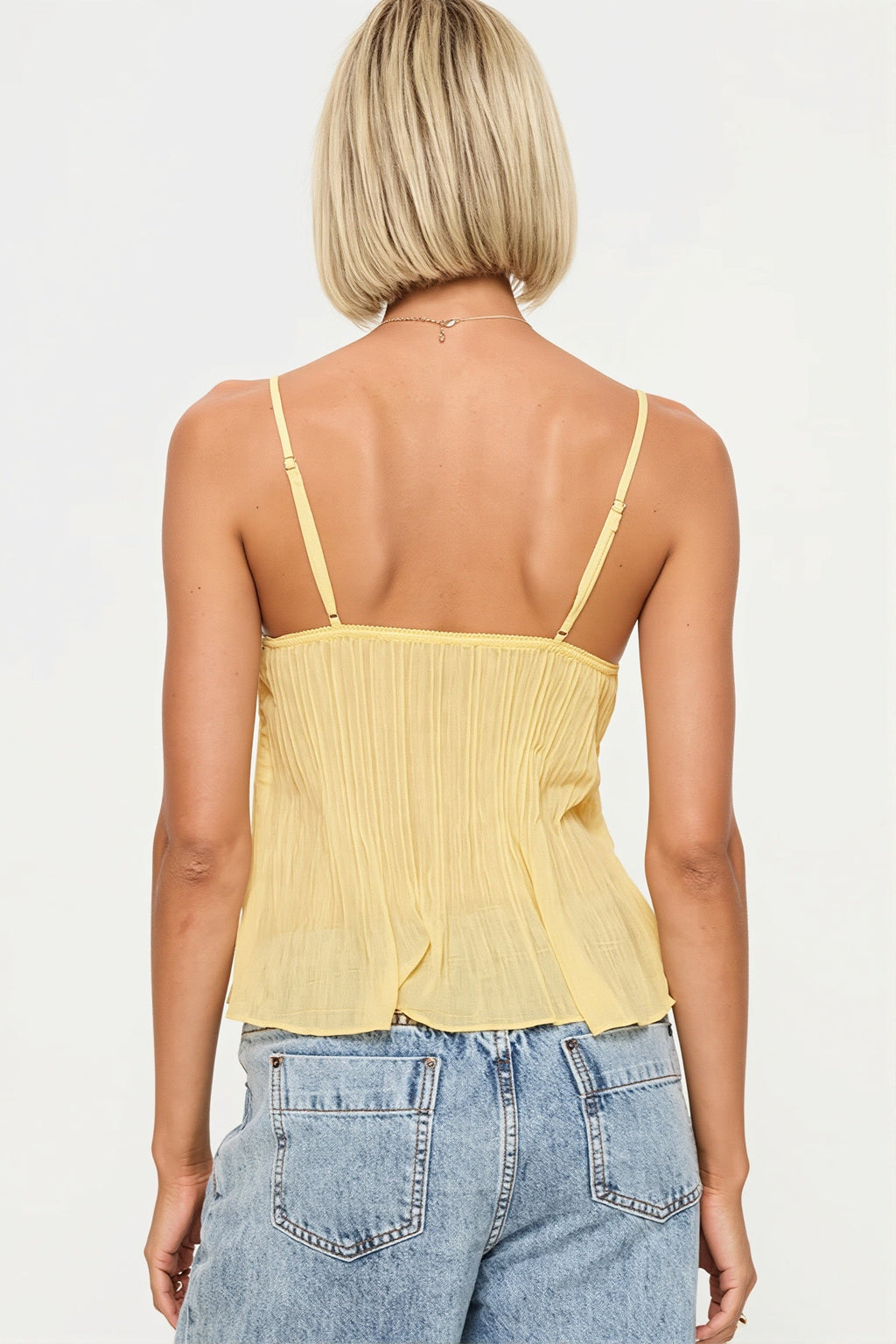Ruched Sheer Lace Open Back Fitted Cami