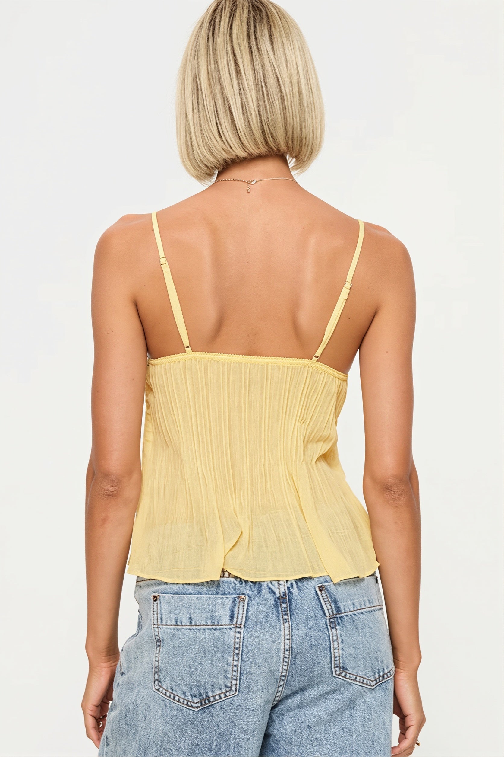 Ruched Sheer Lace Open Back Fitted Cami