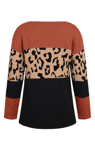Casual Leopard Patchwork Contrast O Neck Sweaters(4 Colors)