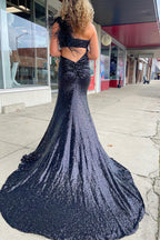 Meerjungfrauen-Abendkleid mit One-Shoulder-Ausschnitt, schwarzen Pailletten, langes Kleid