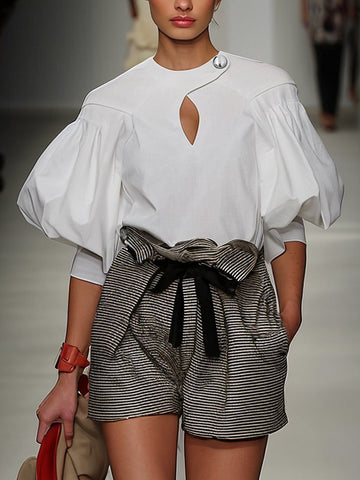 Half Sleeves Loose Buttoned Elasticity Hollow Pleated Solid Color Split-Joint Round-Neck Blouses&Shirts Tops