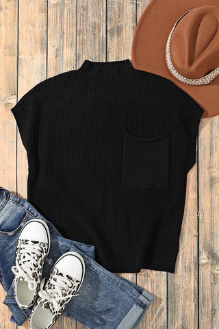 gemütlicher schwarzer gerippter Kurzarmpullover 