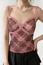 Elegant Pink Plaid Lace Cami Top