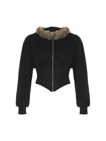 Abrigo negro con cuello de piel Y2k y costuras irregulares 
