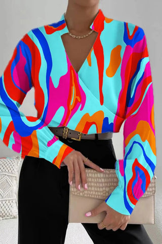 Lässige Patchwork-Blusen mit V-Ausschnitt und Print (6 Farben) 