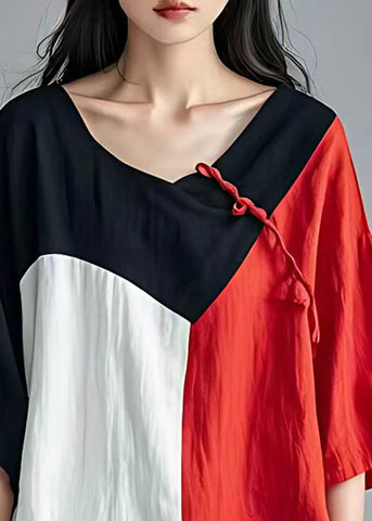 Neu Schwarzes asymmetrisches Patchwork-Baumwolltop mit Armbandärmeln 