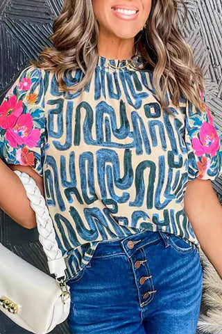 Casual Geometric Print Flowers Contrast Lotus Leaf Collar T-Shirts