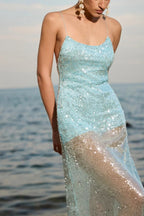Solid Patchwork Sheer Backless Cami Sequin Maxi Dress