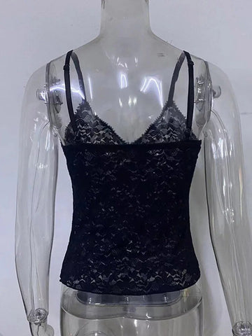 Black See Through Lace Cami Crop Tops Women Summer Y2K Clothes Sleeveless V Neck Sexy Tanks Camis Aesthetic 2000s Gothic Tees