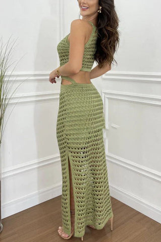 Atemberaubendes Gaze Stretch-Maxikleid mit Strickstruktur und seitlichem Taillenausschnitt 