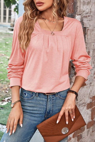 Tops casuales de cuello cuadrado con pliegues sólidos 