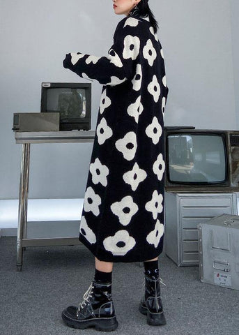 Suéter de punto con estampado negro estético para mujer, vestido holgado de punto con cuello redondo 