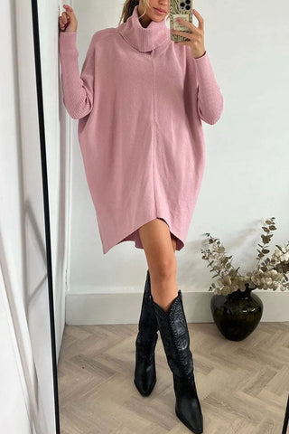 Suéter holgado midi de cuello alto con dobladillo alto y bajo, perfecto para paseos invernales 