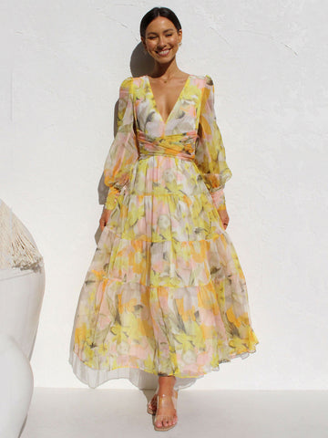 Maxi Dress V-Neck Long Sleeves Bohemian Floral Print Layered Pleated Long Dress