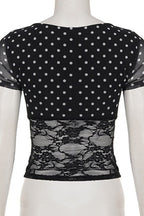Polka Dot Waist Lace Splice Blouse