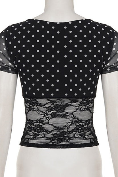 Polka Dot Waist Lace Splice Blouse