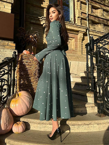 Mini Triangle Printed Dress Round Neck Long Sleeves Casual Maxi Dresses