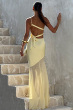 One Shoulder Sleeveless Backless Slim Mesh Tie Maxi Dress