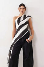 Striped Chiffon One Shoulder Tie Blouse