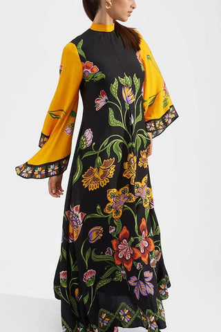 Shine The Light Unique Printed High Neck Bell Sleeve Loose Maxi Dress