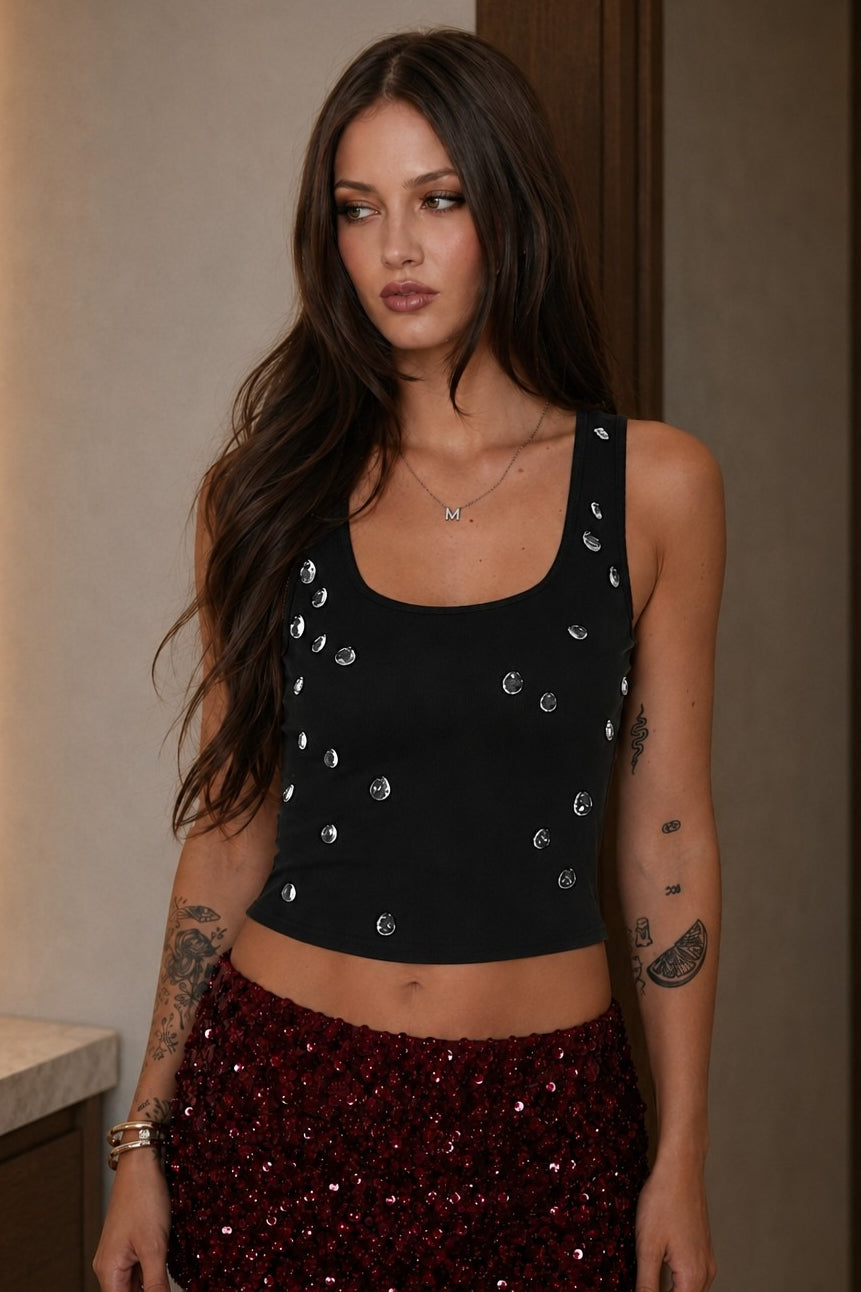 Rhinestone Beaded Crop Tank Top