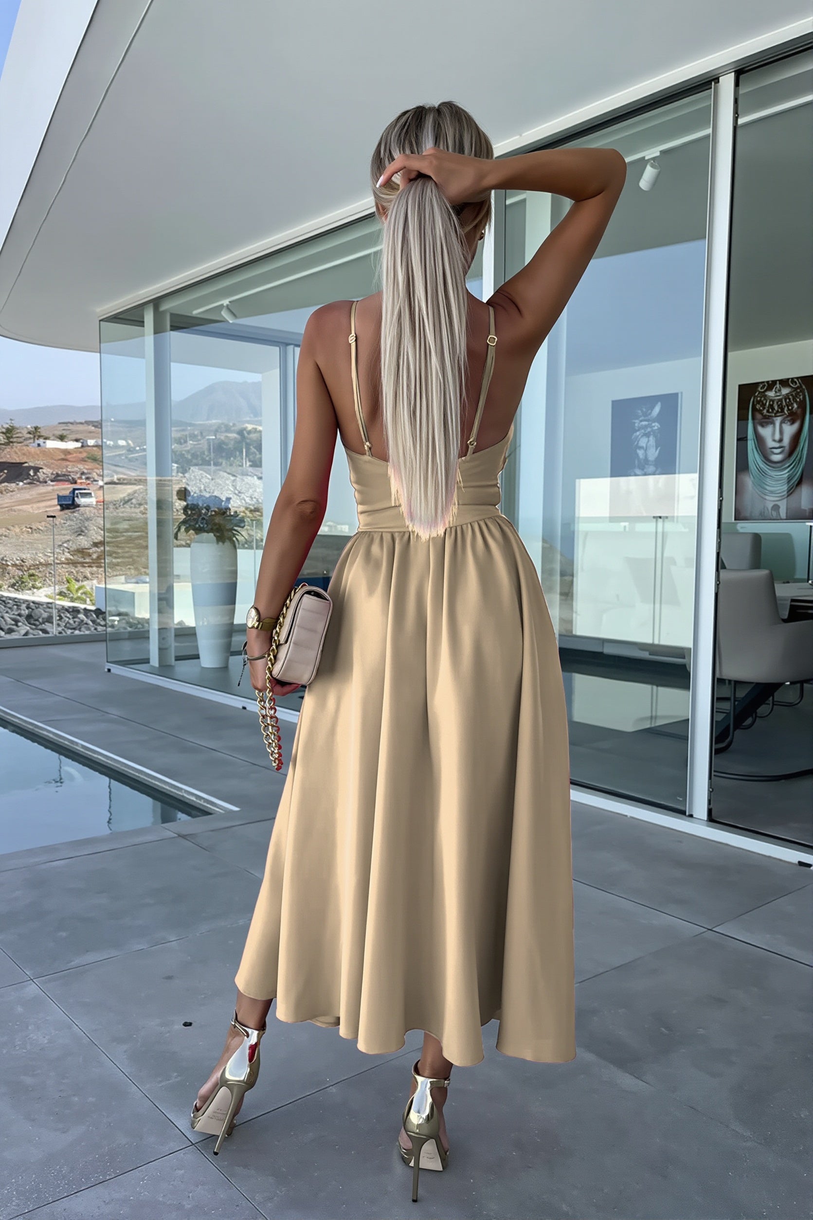 Solid Deep V Cut Out Cami Swing Slit Maxi Dress