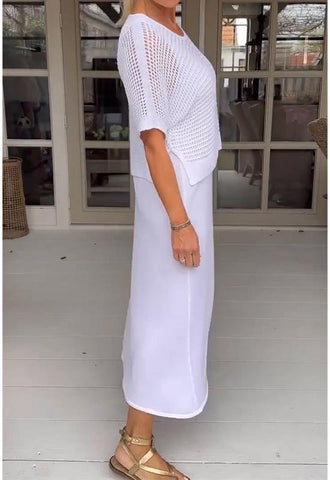 Traje de dos piezas con vestido informal con tirantes y blusa hueca 