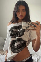 Hip Hop Lip Print Asymmetric Neck Sexy T-shirt