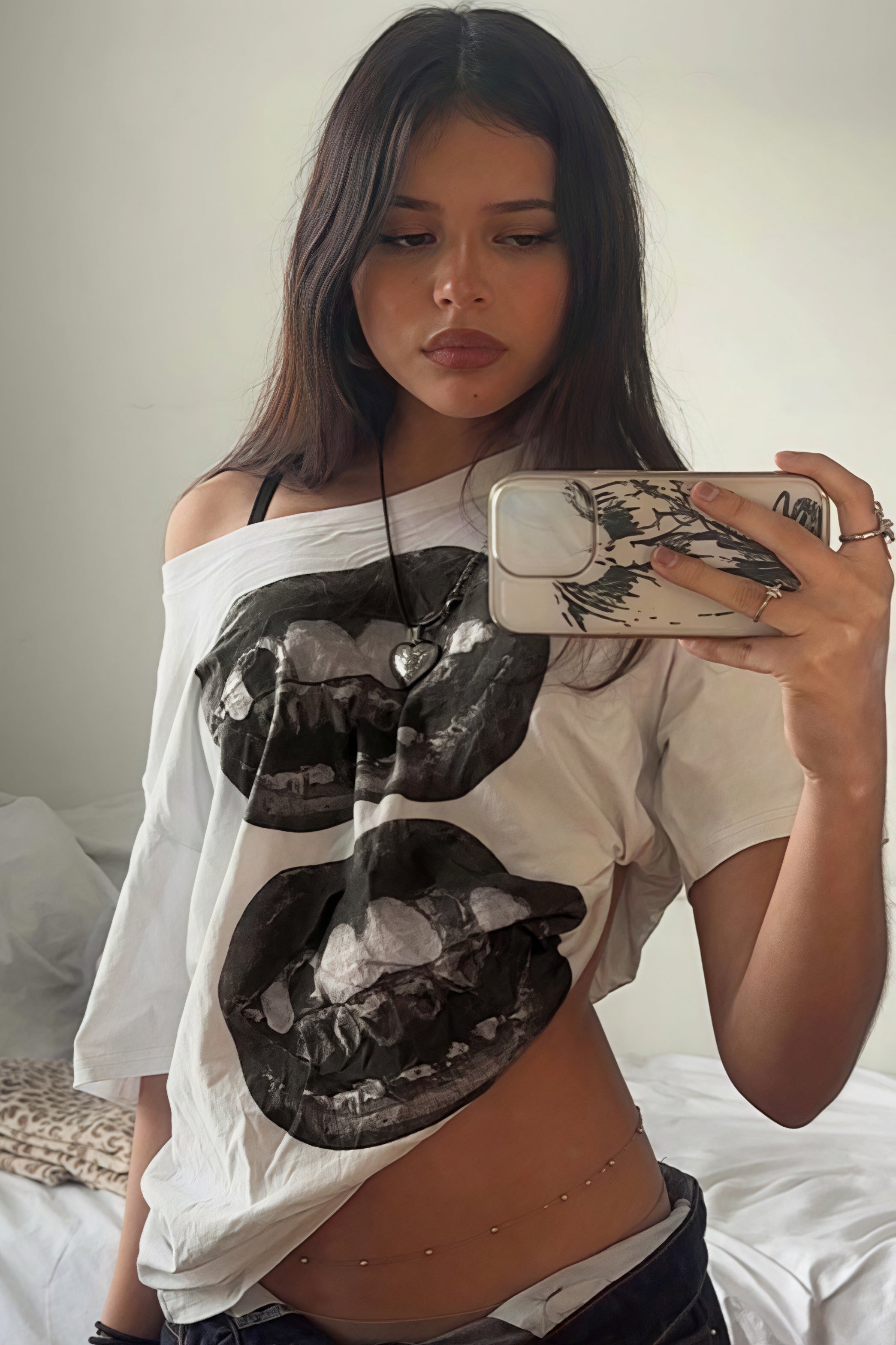 Hip Hop Lip Print Asymmetric Neck Sexy T-shirt