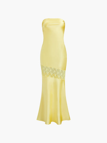 Vestido midi de tubo sin tirantes de encaje asimétrico 