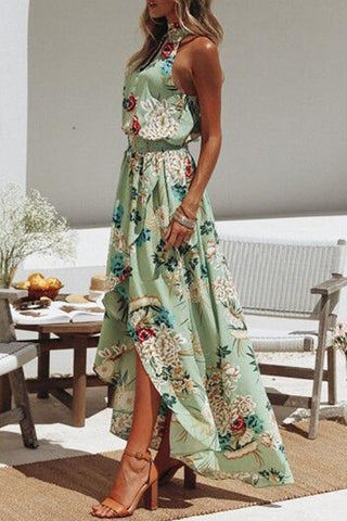 Vestido verde con estampado floral y cuello redondo de moda 