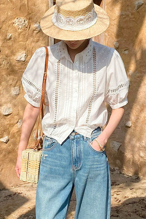 Chic Stripe Lace Puff Sleeve Blouse