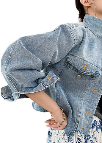 Neu Blau Taste Taschen Patchwork Denim Mäntel Frühling 