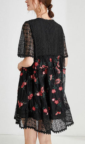 Vestido de verano con lazo de encaje bordado negro para mujer 