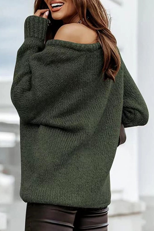 Off-Shoulder Crew-Neck Loose Knit Sweater