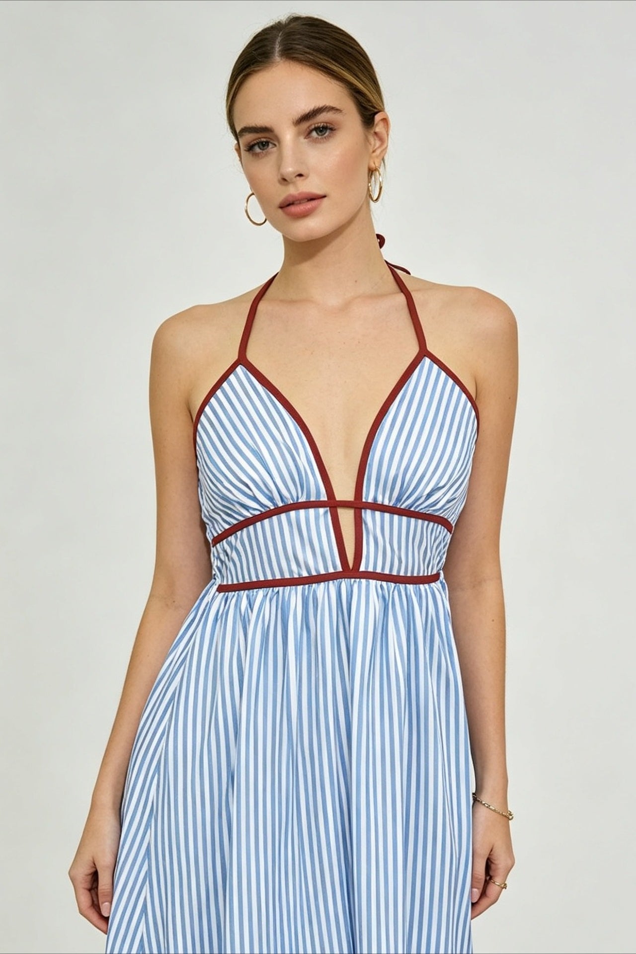 Slim Striped Halter Backless Beach Cami Maxi Dress