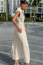 Linen Cotton High Waist Slit Tie Maxi Dress