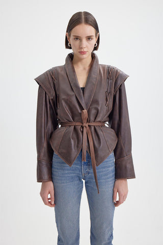 Pu Leather Flapped Coat With Belt
