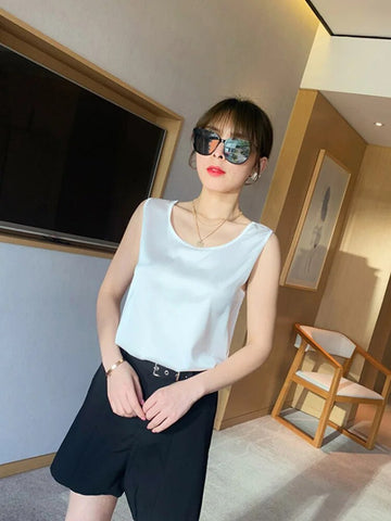 Camisetas de manga corta finas de seda para mujer, ropa de verano, elegantes, lisas, holgadas e informales, 2024 