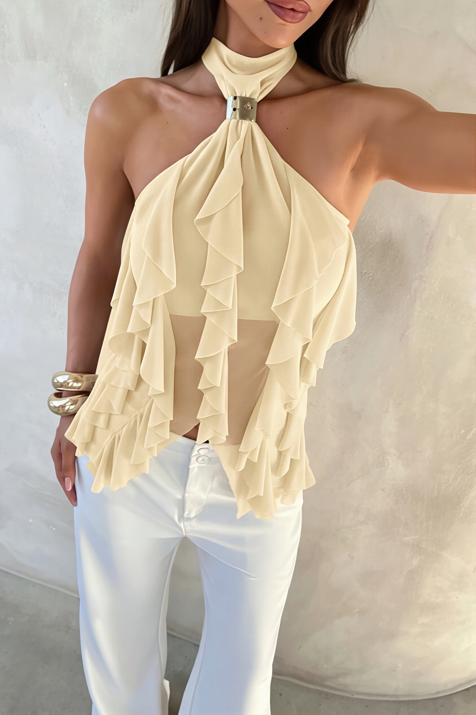 Solid High Waist Halter Backless Fitted Tank Top