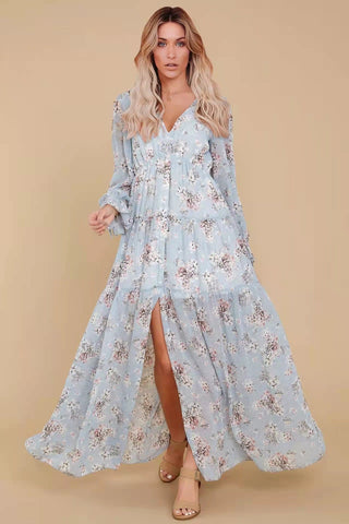 Floral Puff Sleeve V-Neck Ruffle Hem Maxi Dress