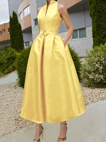 Vestidos midi de corte A, holgados, con cinturón, plisados, bolsillos, color liso, cuello en V 