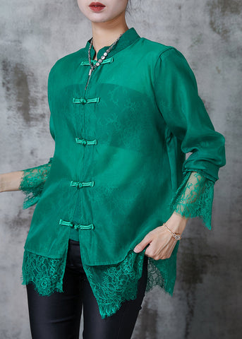 Kunst Grün Chinesische Taste Patchwork Spitze Hemd Tops Sommer 