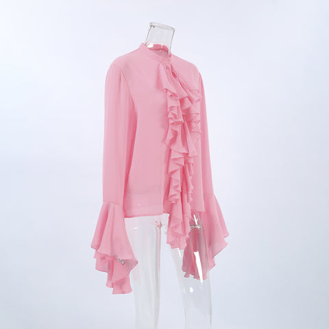 Bluse aus transparentem Chiffon mit Rundhalsausschnitt, Glockenärmeln und Wasserfall-Rüschen 