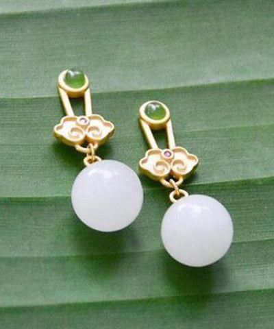 Pendientes colgantes de jade y ruyi en plata de ley blanca de moda 