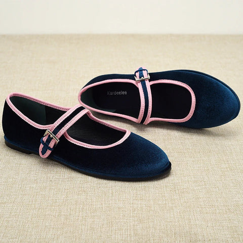 Zapatos planos estilo español con punta redonda para mujer, de terciopelo, Mary Jane, color verde, azul y marrón. 