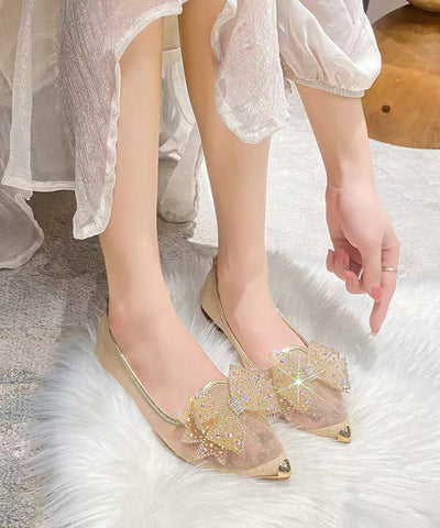New Gold Breathable Bow Zircon Tulle Pointed Flat Shoes