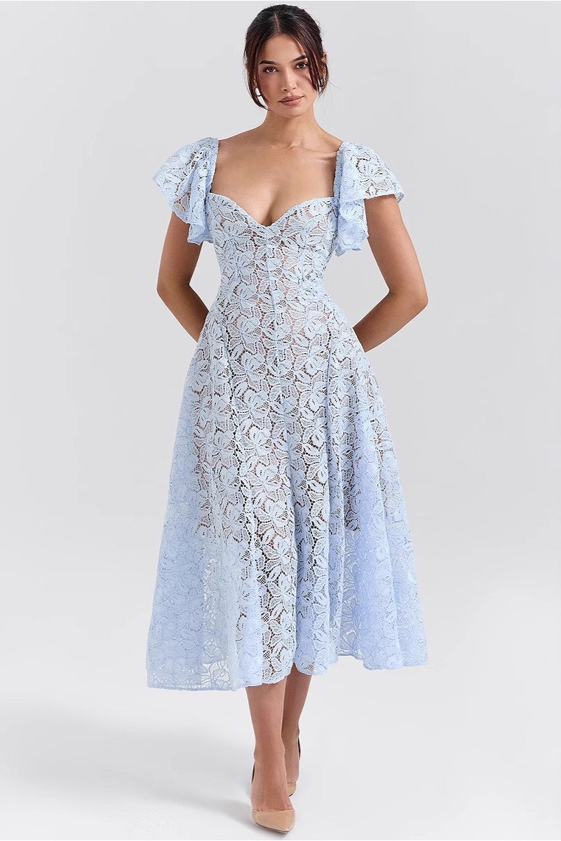 Lace Floral V-Neck Backless Maxi Dress