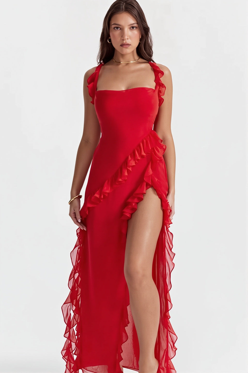 Ribbon Ruffle Splice Slit Maxi Dress