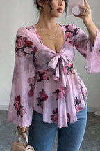 Floral Tie Dye Square Neck Tie Long Sleeve Blouse